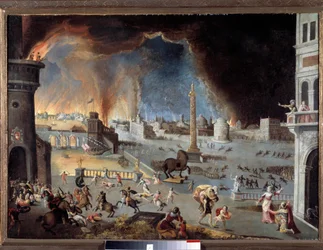 Die Einnahme Trojas. Szene aus dem Trojanischen Krieg: Die Stadt wird von den Griechen verwüstet, die dank des Pferdes in sie eingedrungen sind. Gemälde von Jean Maublanc (1582-1628). 17. Jahrhundert. Besançon, Musée des Beaux-Arts - Der Fall Trojas
