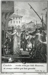 Candide... trat drei Schritte zurück, ergriffen von Schrecken, und trat dann wieder vor, Illustration aus Kapitel 29 von Candide von François Voltaire (1694-1778), graviert von Jean Louis Delignon (1755-1804) 1787