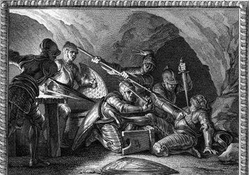 Ermordung Waifres (oder Gaifiers), Herzog von Aquitanien (767 oder 768). Stich von Romanet nach Moreau le Jeune (1779).