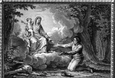 Die Jungfrau erscheint dem Zimmermann in der Nähe von Puy-en-Velay und gibt ihm eine Medaille und befiehlt ihm, für den Frieden zu arbeiten: Dies ist der Ausgangspunkt des Treve de Dieu, der 1044 eingerichtet wurde. Gravur