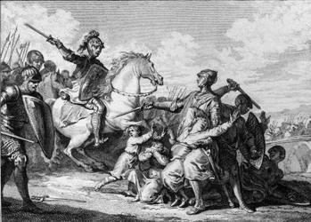 Ermordung der Söhne Theuderichs II. von Burgund im Jahr 613 in Gegenwart Chlothars II. (584-628), König von Neustrien. Unter ihnen Sigibert II. (601-613). Kupferstich von Jean Michel Moreau, genannt Moreau le Jeune (1741-1814)