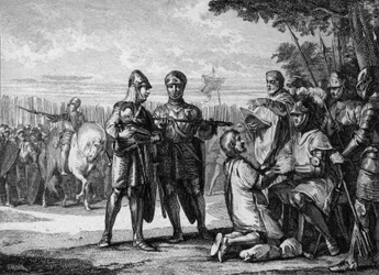 Schlacht bei Tertry, 687: Als Sieger über das Heer Neustriens erkennt Pippin der Jüngere oder von Herstal (ca. 653-714), Fürst von Austrasien, die Autorität des Königs von Neustrien, Theuderich III. (657-691), an. Kupferstich von Jean Michel Moreau