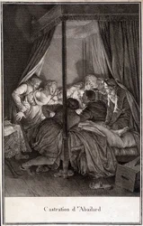 Kastration von Pierre Abélard oder Pierre Abailard, französischer Philosoph und Theologe (1079-1142). Gravur von Moreau.