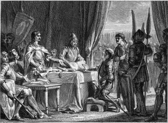 Karl Martell (688-741), König der Franken, verteilt die Güter der Kirche an seine Soldaten, 718. Gravur von Jean Michel Moreau, genannt Moreau le Jeune (1741-1814)