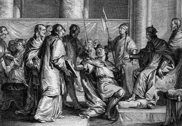 Erispoe (gestorben 857), König der Bretagne, erhält die Insignien des Königreichs aus den Händen von Karl II. dem Kahlen (823-877), 851. Gravur von Jean Michel Moreau, genannt Moreau le Jeune (1741-1814)