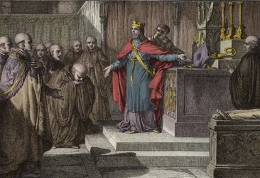 Hugues Capet (941-996) stellte die kanonischen Wahlen wieder her: der König der Franken erlaubte den Mönchen, ihre Äbte zu wählen, indem er einen Bischofsstab und eine Mitra auf einen Altar legte. Gravur von Jean Michel Moreau, genannt Moreau le Jeune (174