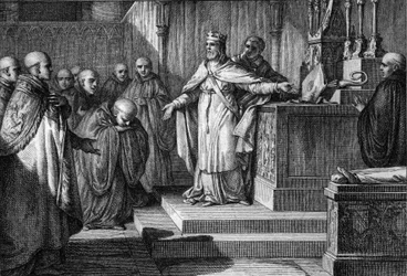 Hugues Capet stellte die kanonischen Wahlen wieder her: Der König der Franken erlaubte den Mönchen, ihre Äbte zu wählen, indem er einen Bischofsstab und eine Mitra auf einen Altar legte. Gravur von Jean Michel Moreau, genannt Moreau le Jeune.