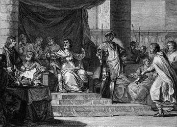 Imaginäre Darstellung der Herrschaft der merowingischen „faulen Könige“: Chlodwig III. (682-695), Childebert III. (683-711) und Dagobert III. (ca. 697-715) schlafen und sitzen hinter dem Bürgermeister des Palastes, Pippin der Jüngere oder Herstal (ca. 653-