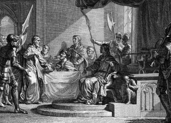Interregnum von Karl Martell, 737: Karl Martell, Bürgermeister des Palastes, Interregnum nach dem Tod von Theuderich IV. (713-737). Gravur von Jean Michel Moreau, genannt Moreau der Jüngere (1741-1814)