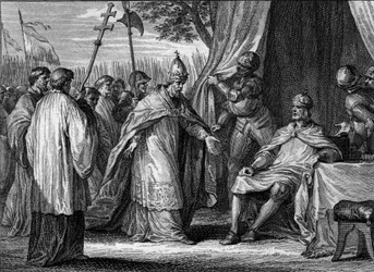 Interview zwischen Papst Gregor IV. (gestorben 844) und Ludwig I. dem Frommen (778-840) im Jahr 833, um den Streit zwischen dem König und seinen Söhnen Lothar, Pippin und Ludwig zu schlichten. Gravur von Jean Michel Moreau, genannt Moreau le Jeune (1741-18