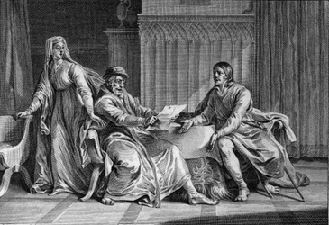 Ludwig der Dicke (1081-1137) zeigt seinem Vater Philipp I. (1052-1108) den Brief, in dem dieser angeblich den König von England gebeten hatte, Ludwig zu ermorden. Bertrada von Montfort (ca. 1070-1118), Philipps Ehefrau und mutmaßliche Verfasserin des