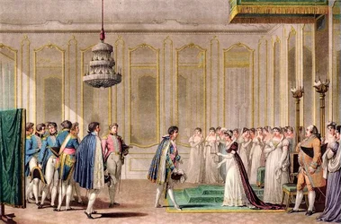 Heiratsantrag per Stellvertreter von Napoleon, präsentiert der Kaiserin von Österreich durch den Prinzen von Neufchâtel (Louis-Alexandre Berthier) - Gravur nach Jean-Michel Moreau le jeune
