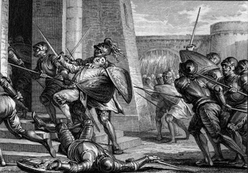 Robert der Starke starb (circa 815-866), Herzog von Frankreich, während der Schlacht von Brissarthe im Jahr 866, in der die Franken gegen eine Armee aus Bretonen und Wikingern kämpften. Gravur von Jean Michel Moreau, genannt Moreau le Jeune