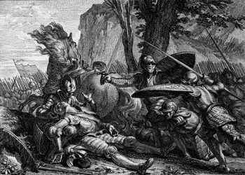 Roland starb während der Schlacht von Roncesvaux zwischen der Armee Karls des Großen und der der Sarazenen. 778. Gravur von Jean Michel Moreau, genannt Moreau le Jeune (1741-1814)