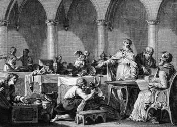 Aufteilung der Schätze Dagoberts I. (602/605-638), König der Franken, nach seinem Tod unter der Aufsicht der beiden Hausmeier Pippin von Landen und Aega. Kupferstich von Jean Michel Moreau, genannt Moreau le Jeune (1741-1814)