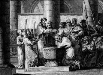 Krieg gegen die Sachsen, 785: Taufe Wittekinds von Sachsen (oder Widukind, Wittekind). Vom Heer Karls des Großen besiegt, erklärte sich der Anführer der Sachsen bereit, zum Katholizismus überzutreten. Stich von Jean-Michel Moreau, genannt Moreau le Jeune