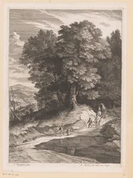 Landschaft mit Reisenden mit einem Wagen auf einem Weg