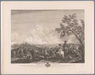 Soldaten und Heerführer in einem Heerlager; Armeemarsch (Titel auf dem Objekt); Drucke nach Gemälden von Philips Wouwerman (Serientitel); Werke des Niederländers Philips Wouwerman (Serientitel)