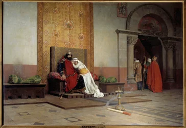 Exkommunikation Roberts II. des Frommen im Jahr 998. Der König von Frankreich, Sohn Hugo Capets, verliebt sich in seine Cousine Bertha von Burgund und heiratet sie trotz der Missbilligung von Papst Gregor V., der ihn ebenfalls exkommuniziert. Jean Paul