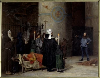 Begräbnis von Wilhelm dem Eroberer (1027-1087), König von England von 1066 bis 1087 (1087), in der Abtei aux Hommes (Abbaye-aux-Hommes) von Caen. Ein Mann namens Asselin unterbricht die Zeremonie.