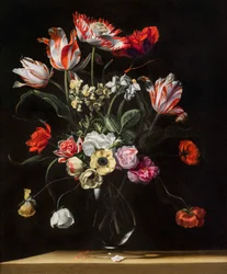 Tulpen, Narzissen, Nelken, Mohnblumen, Anemonen und andere Blumen in einer Glasvase auf einem Holzvorsprung, eines von einem Paar, 17. Jahrhundert