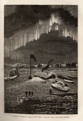 Nach dem Verlassen ihres Schiffes baute die Besatzung der La Hansa ein Lager auf einem treibenden Eisblock, beleuchtet von der Aurora Borealis, graviert nach der Zeichnung von J. Moynet, zur Illustration der Reise der Schiffe La Germania und La Hansa zum N
