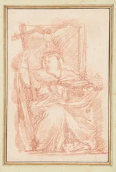 Sitzende weibliche Figur mit Kreuz und Gebäudemodell