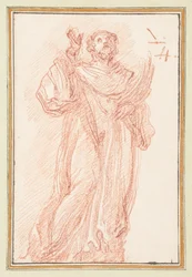 Stehende Figur mit erhobenem Arm, nach oben blickend