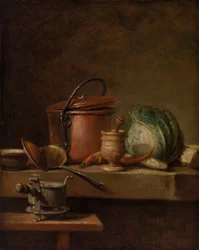 Stillleben mit Kupfertopf, Kohl, Mörser und Herd