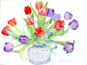 Tulpen in Schale mit bemaltem Fisch- und Vogeldesign, 2006