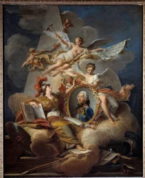 Allegorisches Porträt von Louis Charles Auguste Fouquet, Herzog von Belle Isle, Marschall von Frankreich (1684-1761). Gemälde in einem Gemälde. Gemälde von Jean Valade (1758)