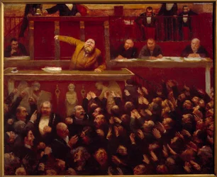 Der französische sozialistische Führer Jean Jaurès (1859-1914) spricht an der Tribüne der Abgeordnetenkammer. 1903 Paris, Museum Carnavalet