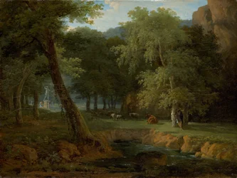 Waldszene mit Nymphen und einem Herm
