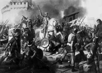 Graf Eudes (Odon) (860 - 898) verteidigt Paris gegen die Normannen im Jahr 886, Gemälde von Jean Victor Schnetz (1787-1870)