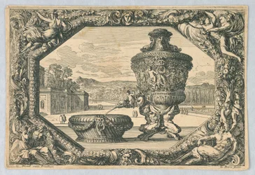 Eine Urne und Schale im Wappenschild, aus "Fontaines, Cuvettes et Cartouches"