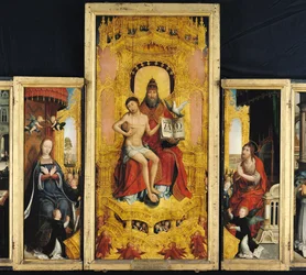 Polyptychon der Verherrlichung der Heiligen Dreifaltigkeit, zentrale Tafel zeigt die Dreifaltigkeit, die Jungfrau und Johannes den Täufer, c.1509-16
