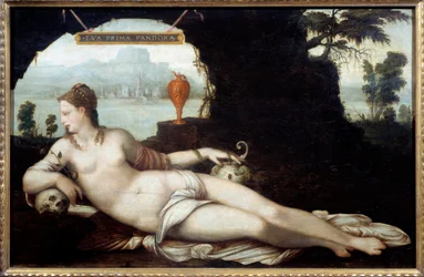 Eva Prima Pandora, Darstellung einer Frau, die die Merkmale Evas und Pandoras vereint, die beide alles Böse auf die Erde bringen. Gemälde (Vanitas), 16. Jahrhundert. Maße: 0,97 x 1,5 m.