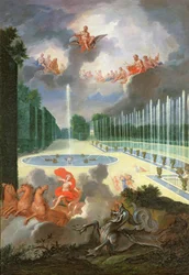 Die Haine von Versailles. Blick auf den Drachenbrunnen und den Neptunbrunnen, mit Apollo, der Python tötet