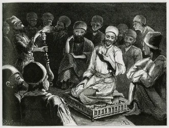 Persischer Geschichtenerzähler umgeben von seinem Publikum. Gravur des Reisenden Autors zur Illustration der Geschichte „Persien, Chaldäa und Susiane“