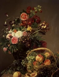 Stillleben mit Blumen und Früchten in einem Korb