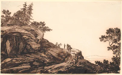 Berglandschaft mit Leuten und Eseln auf einem Weg