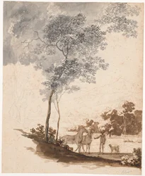 Schweizer Landschaft mit einem Reiter, der zwei Pferde und ein paar Hunde hält; Studie zum Porträt von Jean-Armand Tronchin