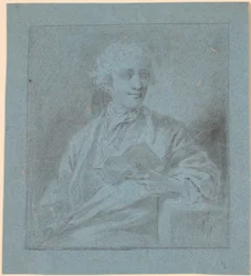 Studie zu einem Porträt eines sitzenden jungen Mannes mit einem Stück Papier in der Hand. Halbfigur en face