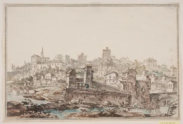 Stadtansicht mit Häusern und Kirche am Fluss. Antikes Rom