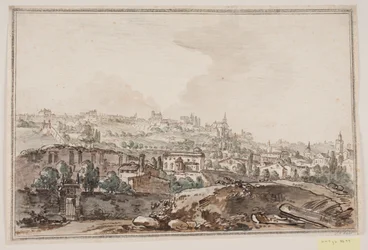 Stadtansicht mit Häusern und Mauer am Fluss; im Hintergrund Kirchen und Paläste