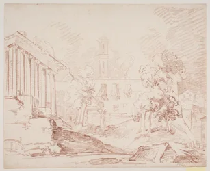 Italienische Aussicht mit Tempel und Kirche