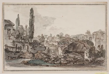 Prospekt mit hohen Bäumen, Gebäuden und Ruinen