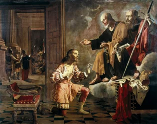 Mit den Aposteln St. Peter und St. Paul, die dem römischen Kaiser Konstantin I. dem Großen erscheinen, dem ersten Kaiser, der zum Christentum konvertierte
