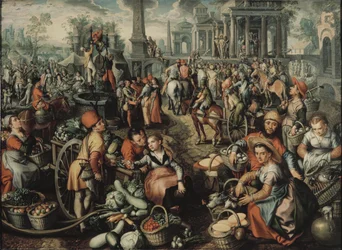 Marktszene mit Ecce Homo, der Geißelung und dem Kreuztragen