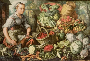 Stillleben mit Obst, Gemüse und einer Marktfrau